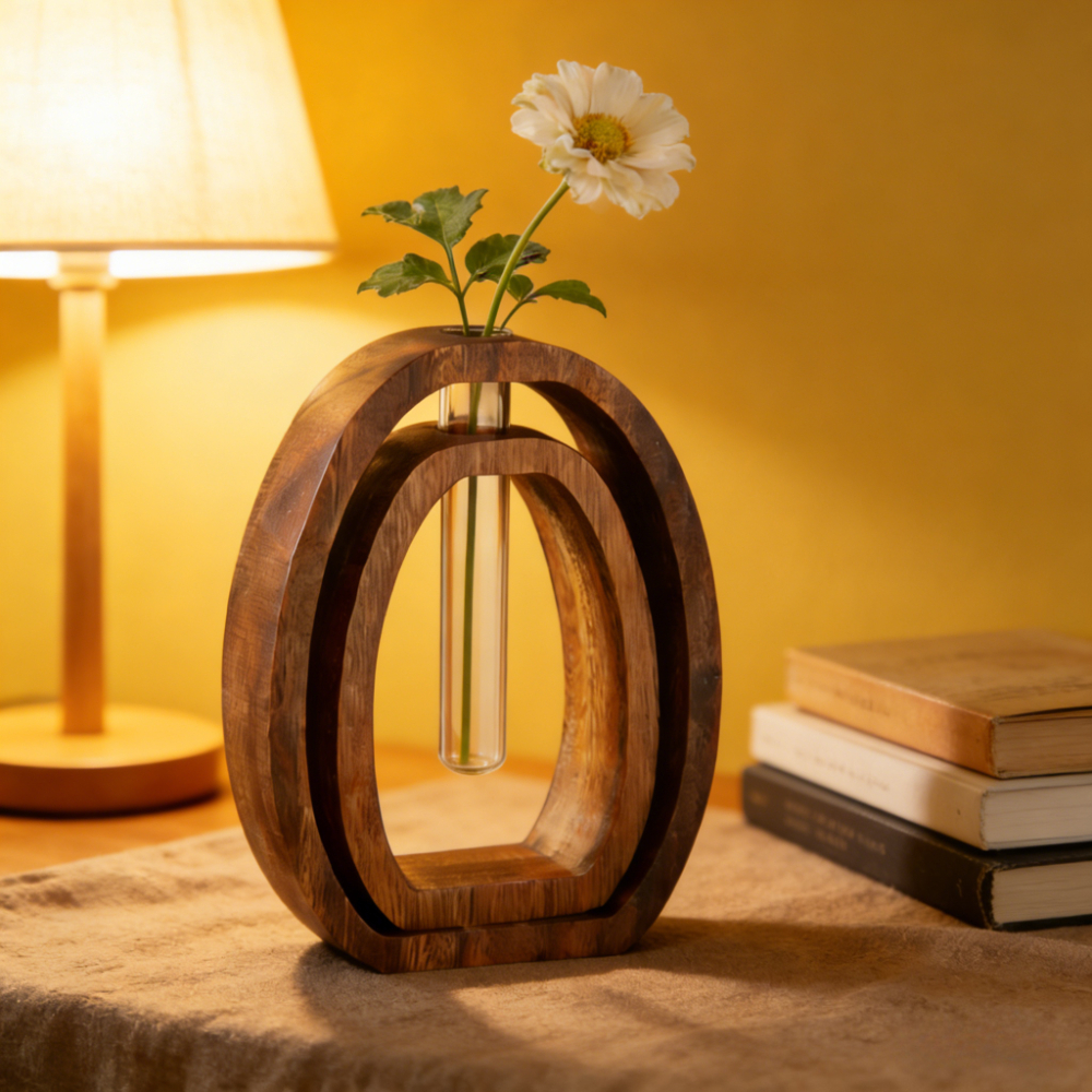 Four-Piece Wood-Frame Propagation Vase Set with Two Glass Tubes and Small and Large Oval Stands