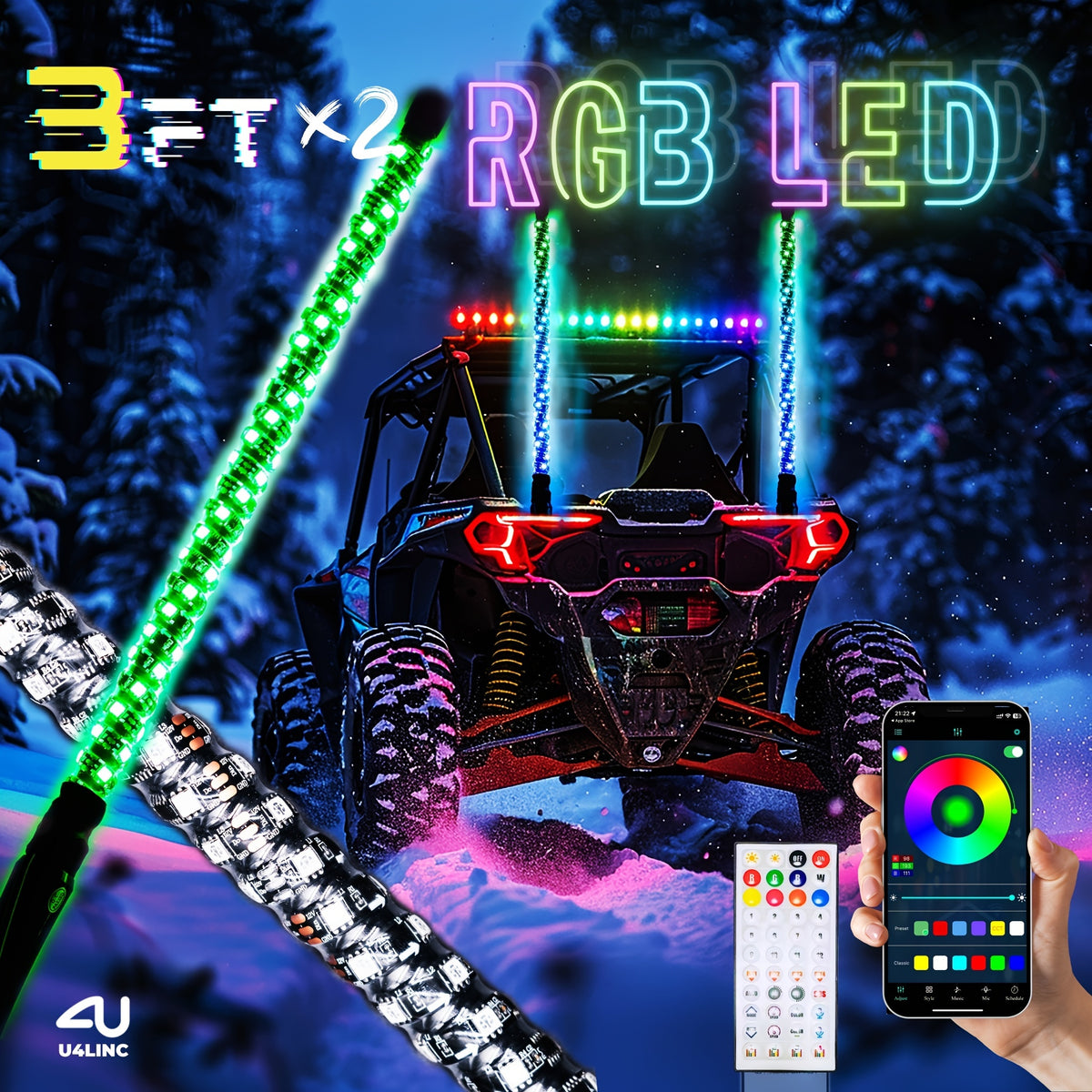 RGB LED Whip Lights for UTV ATV – 1ft/2ft/3ft/4ft Spiral Color Changing Neon Light Whips with Remote & App Control, Music Sync, for RZR SXS Dune Buggy Off-Road Truck (2pcs, No Spring Base)