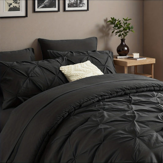 Comforter Set Luxurious Pleated 5/7pcs Bed in a Bag | Soft Plush Fiber Fill, Year-Round Warmth - Quilted Comforter, Flat & Fitted Sheet, Pillowcases & Shams, Complete Bedding Set Twin Full Queen King