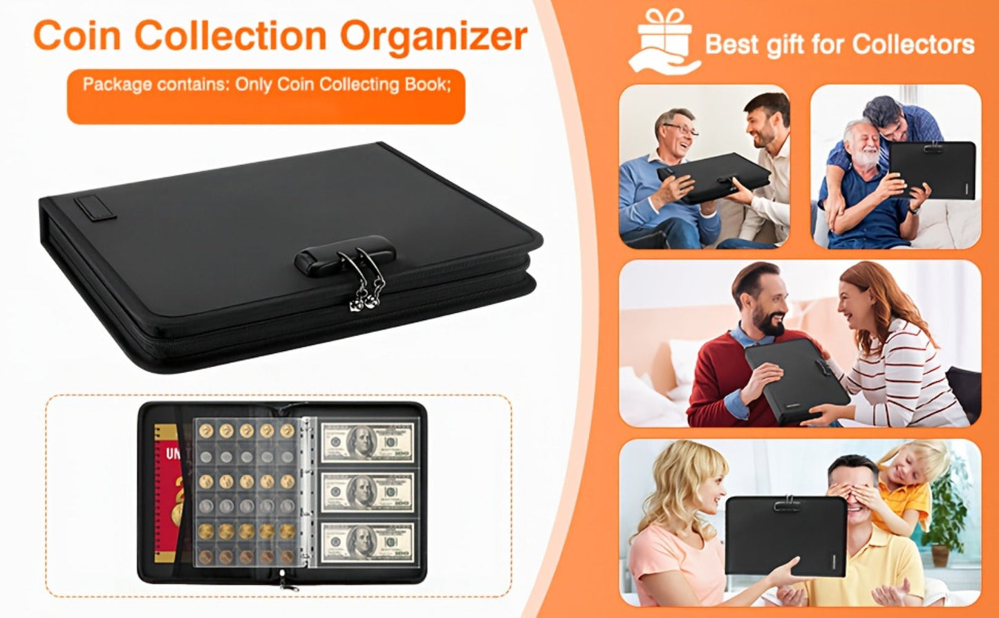 Locking Coin and Currency Collection Album with 300 Coin Pockets and 72 Bill Sleeves in a Black Carrying Case