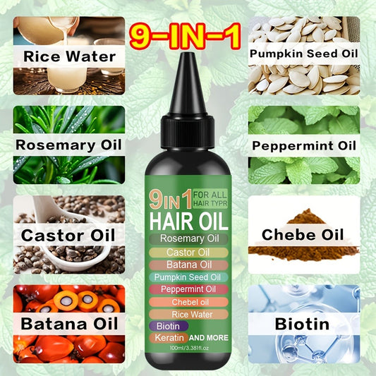 Rosemary Hair Oil 9-in-1 100ml — Rice Water Castor Batana Biotin Keratin Blend, Moisturizing Smoothing Split End Repair Lightweight Hair Growth Oil for All Hair Types Women