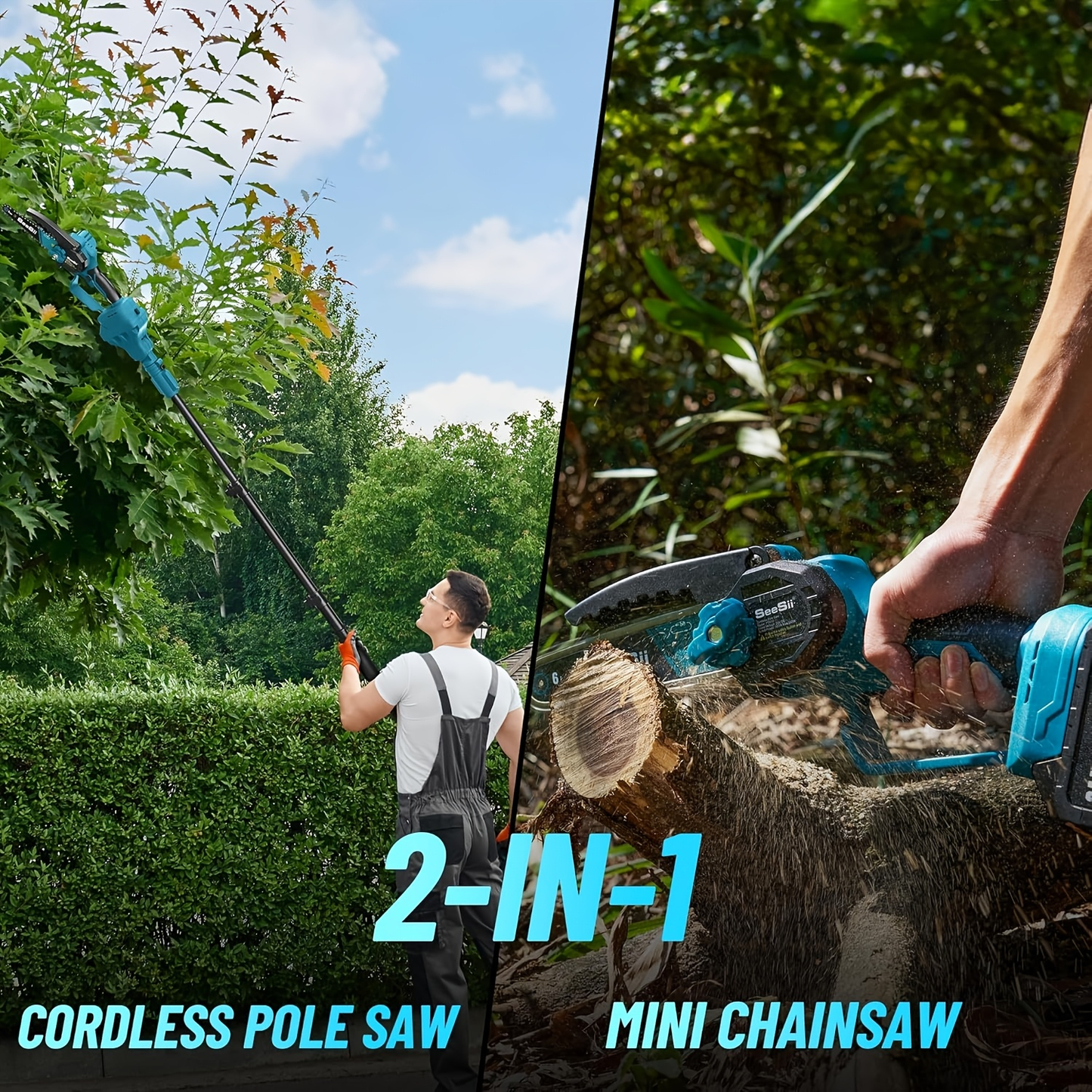 Blue 6-Inch Cordless Pole Saw with 2.0Ah Battery Label, 4.6–10 Foot Extension and Two Package Options
