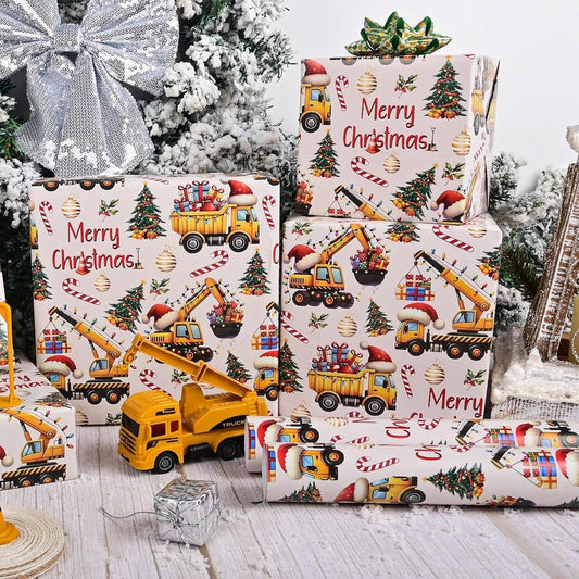 Christmas Wrapping Paper Construction Vehicles - Dump Trucks Excavators Tractors Gift Wrap for Boys Girls, 58"x23" Roll (28.5 Sq Ft)