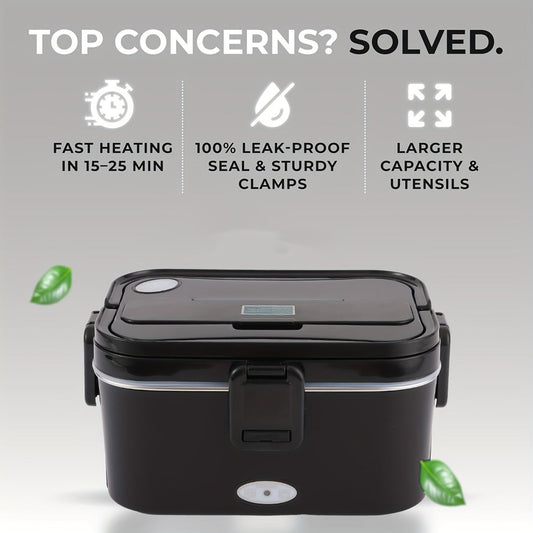 Electric Lunch Box Portable Food Warmer 60oz – 110V Home & 12V/24V Car Heated Meal Container, Stainless Steel, Leak-Proof with Insulated Bag & Fork for Office, Truck, Travel & Camping