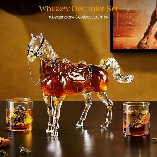 Horse Whiskey Decanter Set with 2 Cowboy Glasses – Western Bar Gift for Men, Bourbon Vodka Liquor Dispenser, Cowboy Style Home Bar Decanter