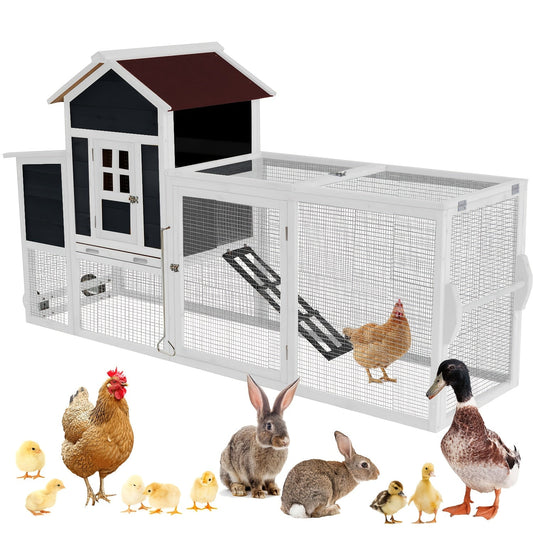 Chicken Coop with Run Large Outdoor Wooden Hen House 82 Inch Walk-in Poultry Cage for 2-4 Chickens Ducks Rabbits with Nesting Box Removable Tray Wheels