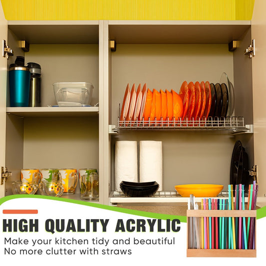 Wooden Straw Holder for Cabinet Door 9.8 Inch Acacia Wood Straw Dispenser Wall Mount Reusable Straw Storage Box for Kitchen Counter Cupboard Organizer