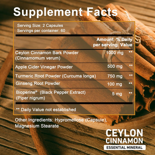 Ceylon Cinnamon Capsules 120 Count with Apple Cider Vinegar Turmeric Bioperine & Ginseng — 5-in-1 Blood Sugar Metabolism & Immune Support Herbal Supplement for Women and Men
