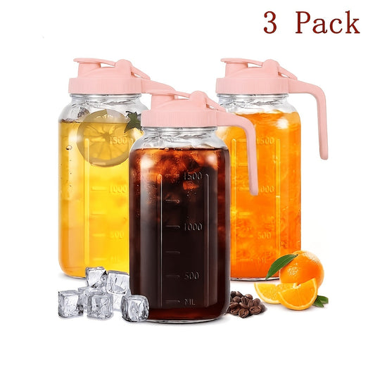 64oz Glass Pitcher with Handle – Leak-Proof Wide Mouth Mason Jar Water Jug, Pour Spout Lid, 2 Quart Portable Canteen for Camping, BBQ, Fridge & Outdoor Entertaining (2-Pack / 3-Pack)