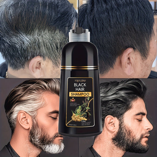 3-in-1 Black Hair Dye Shampoo & Beard Color Cleanser — Natural Herbal Formula, Fast Coloring, Long-Lasting, Gentle Moisturizing, All Hair Types, Men & Women, 500ml