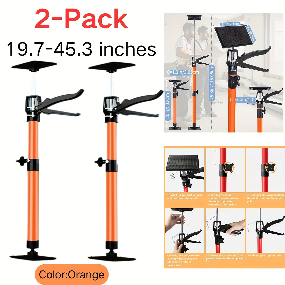 Adjustable Steel Support Rods for Drywall & Cabinet Installation, Extendable Construction Support Poles 19.7"-45.3" / 45"-114", Manual Lifting Tool Height Adjuster for Home Renovation, 2PCS & 4PCS Sets