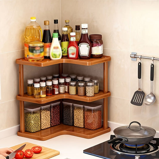 Corner Shelf Kitchen Organizer 3-Tier Brown Triangular Countertop Rack for Coffee Station Accessories