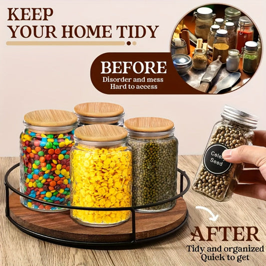 Wooden Turntable Kitchen Organizer 12-Inch Rotating Tray with Steel Armrests for Pantry or Countertop