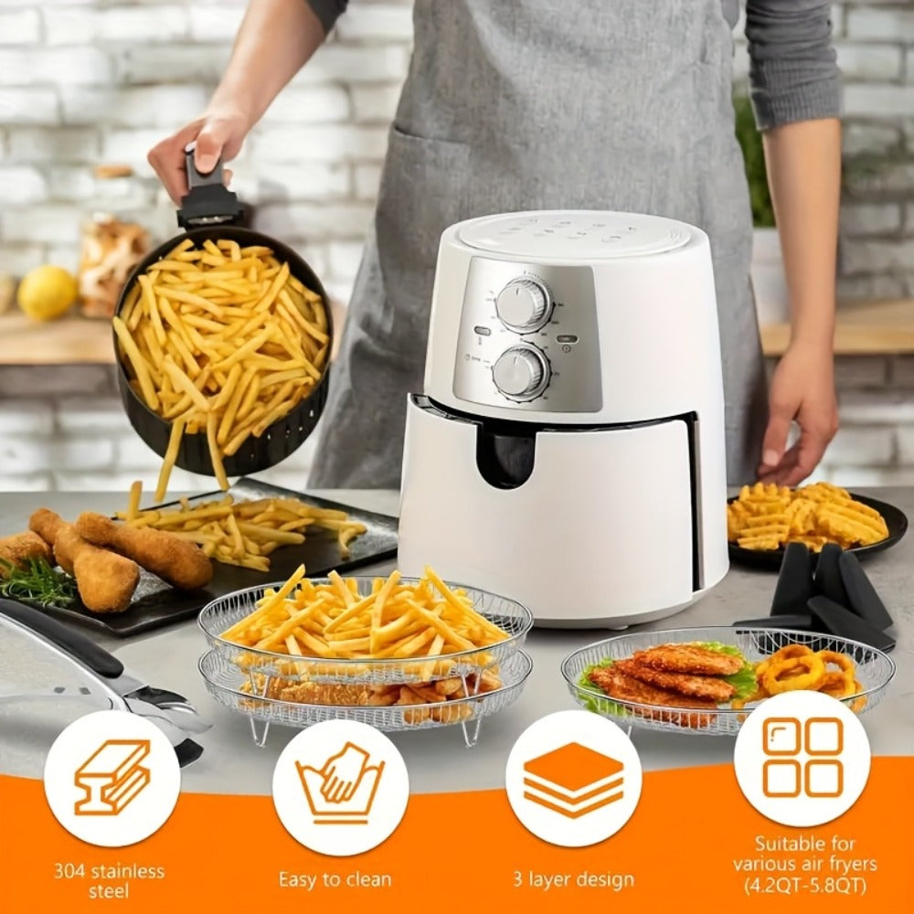 Ten-Piece Round Air Fryer Rack Set with Three Stackable Trays, Two Handling Tools and Five Grips