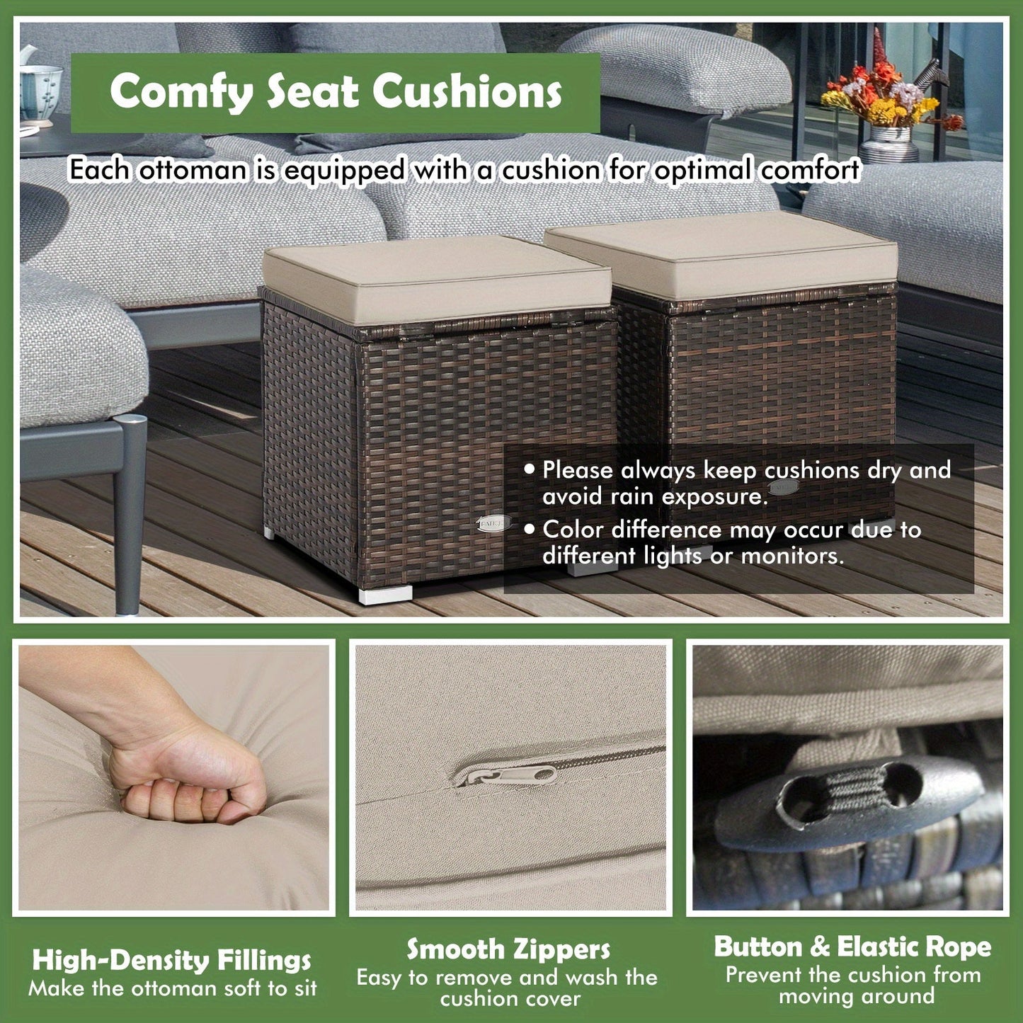 Two-Piece Outdoor Wicker Ottoman Set with Hidden Storage, Detachable Cushions and Six Color Options