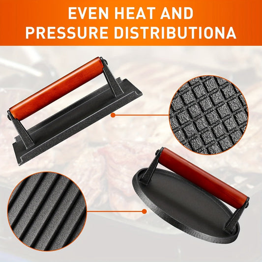 Cast Iron Burger Press Kit 2pcs - Round & Rectangular Heavy Duty Meat Press with Wooden Handle for Smash Burgers, Sandwiches, BBQ, Camping
