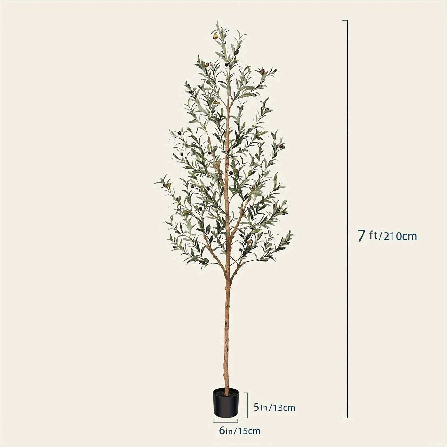 Slender Potted Olive Artificial Tree with Complete 4, 5, 6 and 7 ft Height Options and Faux Fruit Detail