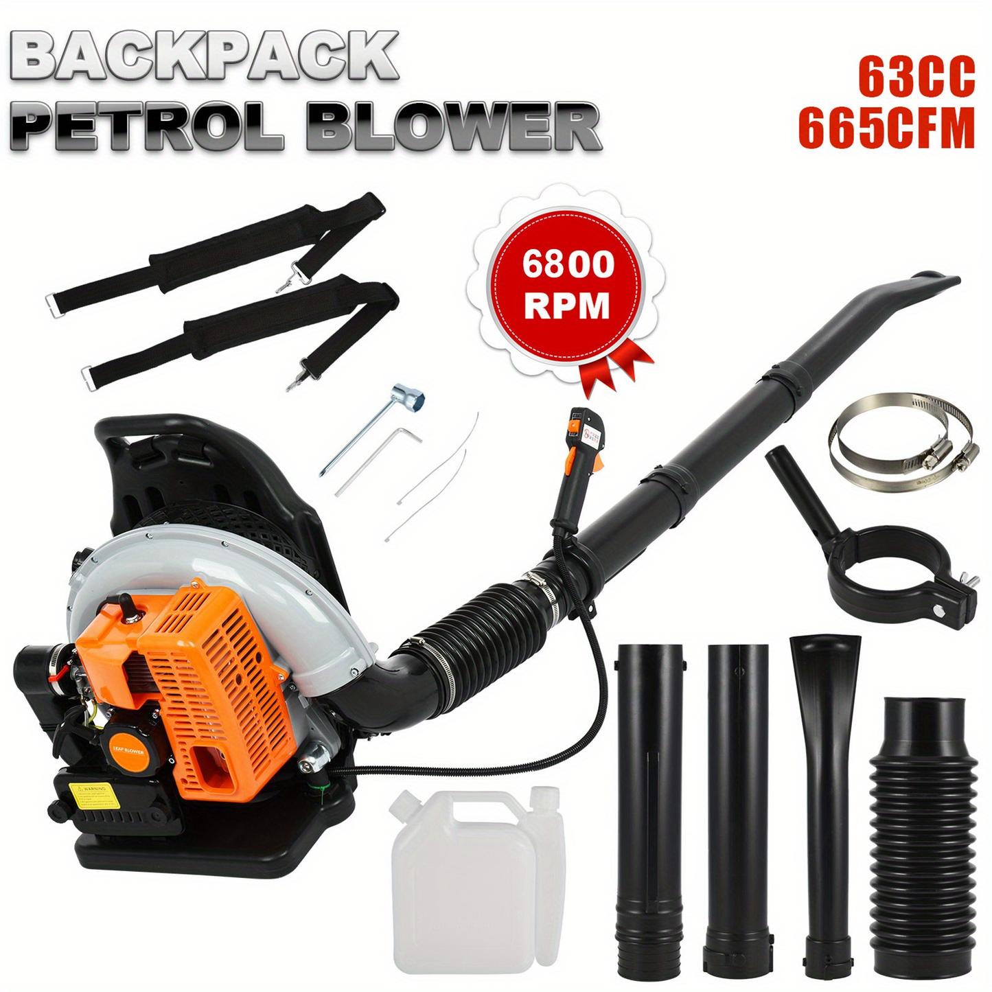 Backpack Gas Leaf Blower in Orange with 2-Stroke Engine Label, Flexible Elbow, Long Tube and Control Handle