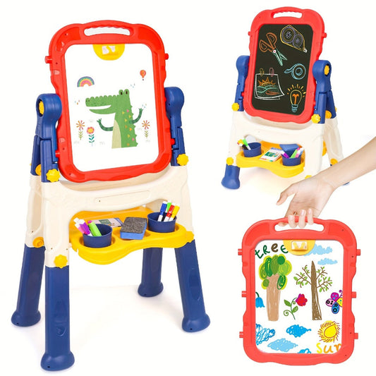 Art Easel for Kids Adjustable Double-Sided Standing Easel with Painting Accessories for Boys & Girls Ages 3+ – Rotatable Portable Chalkboard Whiteboard Children's Easel | Birthday Christmas Gift