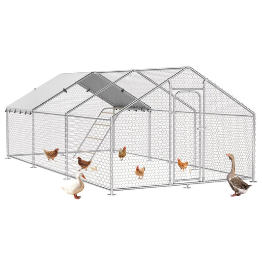Dog Kennel Outdoor Large Metal Walk-in Chicken Run Pen Poultry Cage with Anti-UV Cover Movable Rack for Garden, Patio and Yard Use