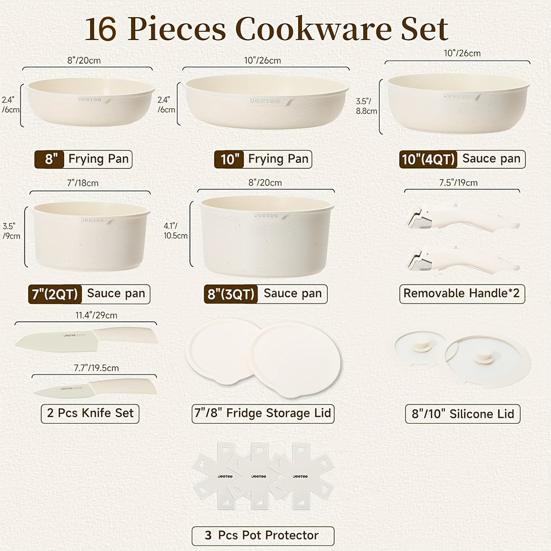 Detachable Handle Cookware Set 16 & 26 Piece Non-Stick PFOA-Free – Stackable Space-Saving Pots and Pans | Oven Safe 480°F Induction Compatible | RV Camping Kitchen Cooking Set in Black & Beige