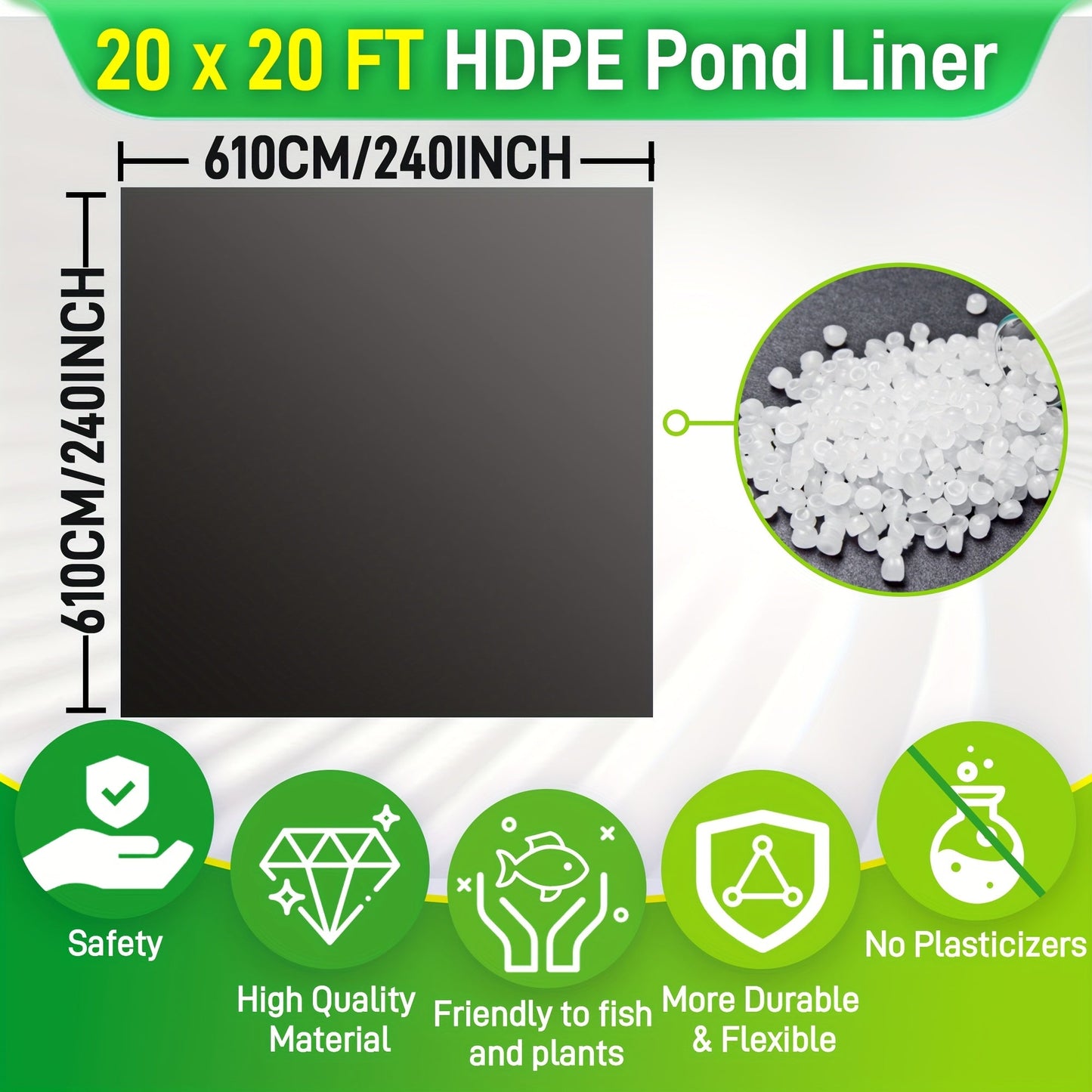 Black HDPE Pond Liner in Six Sizes from 7 x 10 to 20 x 26 Feet for Fish Ponds and Water Gardens