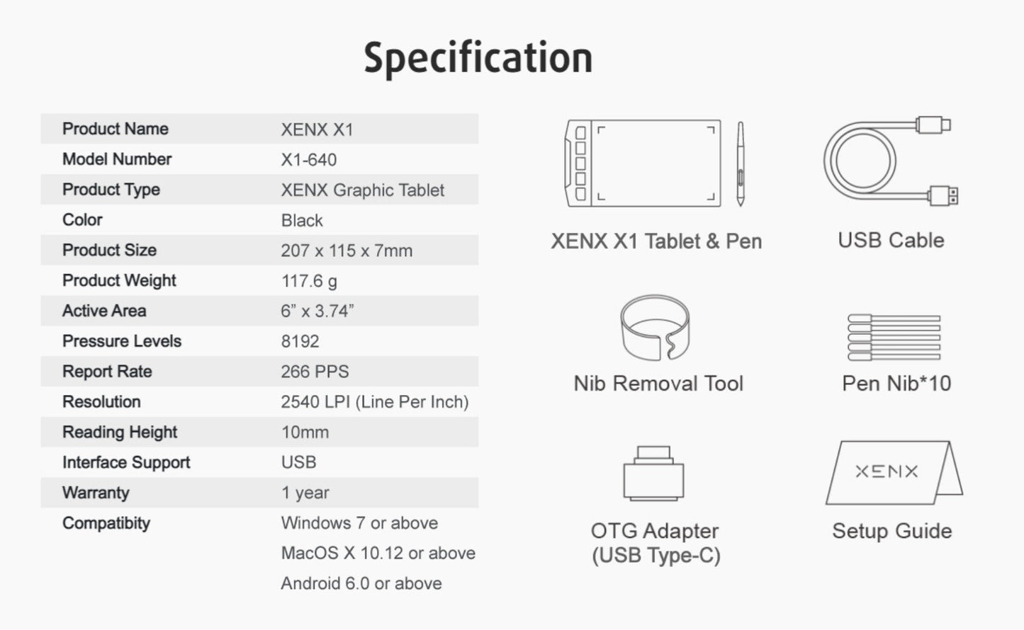 Drawing Tablet XENX 8192 Pressure Levels Battery-Free Stylus 5080 LPI 266 PPS 2 Programmable Buttons Compatible with Android Mobile Windows Mac Portable Pen Tablet for Digital Art Animation Design