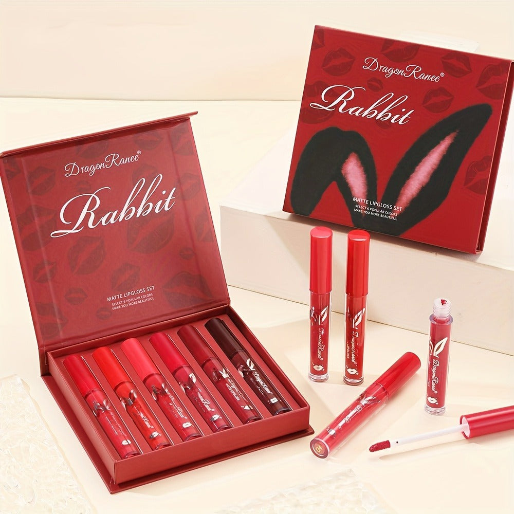 Red Lip Glaze Gift Set 6pcs in Elegant Box — Long-Lasting Smudge-Proof Glazed Finish, Smooth Paste Formula, All-Day Wear Versatile Lip Color for Beginners & Beauty Lovers, Holiday Birthday Gift