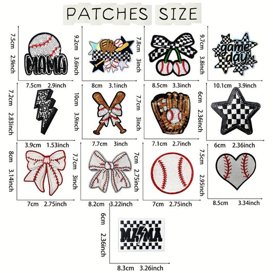 Embroidered Patch - Baseball Patches Iron-on 13pcs Sequin Applique Set with Gloves Bats Stars - product detail view 2