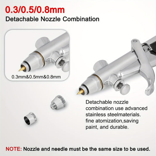 Double-Action Trigger Airbrush Kit with 0.3, 0.5 and 0.8 mm Nozzles, Three Cups and Pictured 6 ft Hose