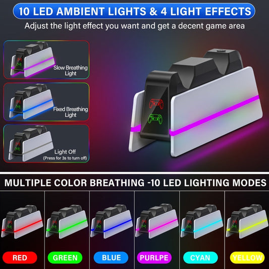 PS5 Controller Charging Station 9-Color LED Light Fast Charging Dock for DualSense & DualSense Edge - Compatible with PS5 Slim Pro All Models