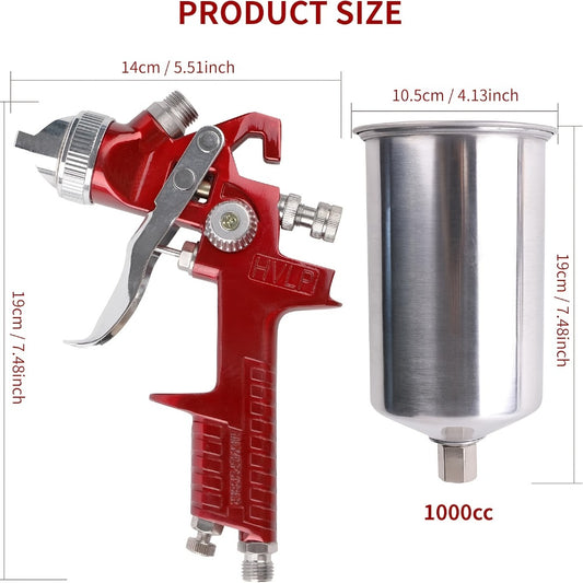 HVLP Gravity Feed Spray Gun Set – 3 Nozzles (1.4 / 1.7 / 2.0mm) with 1000cc Aluminum Cup for Automotive Painting, Base Coat, Clear Coat & Touch-Up, Stainless Steel Needle, Red