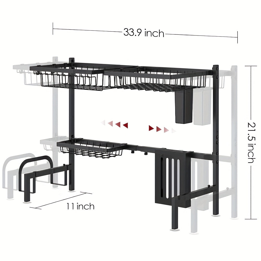 Over-Sink Dish Drying Rack Kitchen Organizer, 30-33.9-Inch Two-Tier Frame with Seven Removable Accessories
