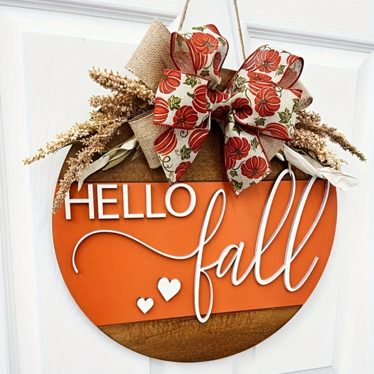 Hello Fall 3D Door Hanger – Autumn Harvest Pumpkin Wheat Bow Fall Wreath Door Sign Seasonal Home Decor