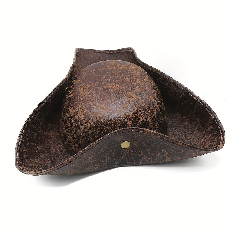 Distressed Faux Leather Pirate Tricorn Hat with Wide Three-Point Brim in Black or Brown for Adult Costumes