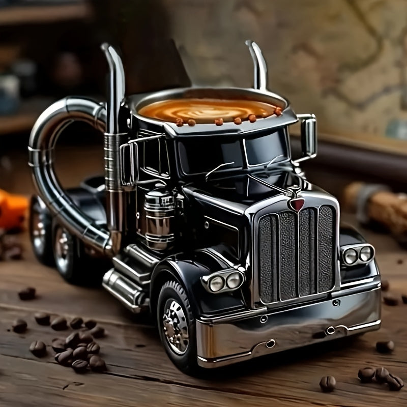 Semi-Truck-Shaped Coffee Mug with Metal-Look Interior and Trim in Blue or Black Color Options