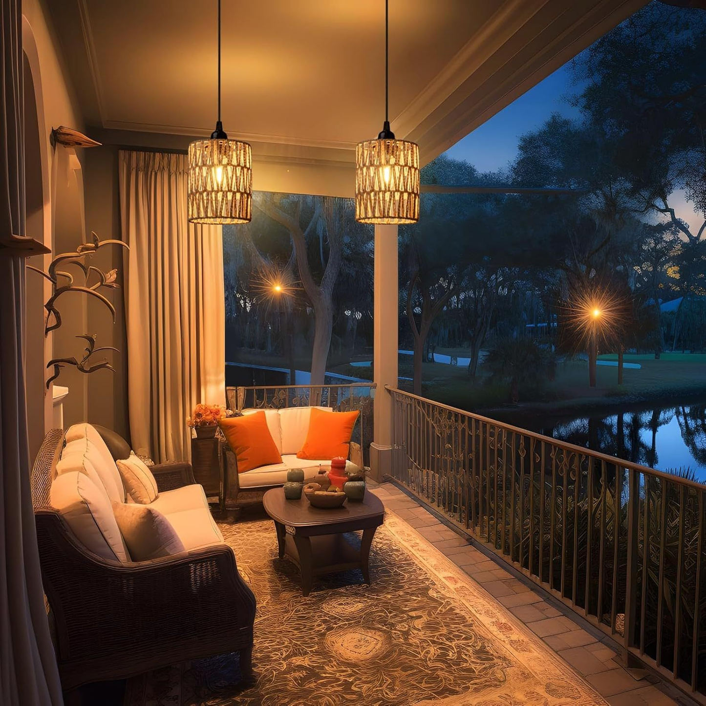 Two-Piece Battery Pendant Light Set with Woven Shades, Remote Controls and Adjustable Hanging Cords