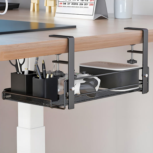 Clamp-On Cable Management Tray No Drill – Under Desk Wire Organizer Alloy Steel Mesh Holds 10 lbs | Fits 0.4"-2.4" Desks, Home Office & Gaming Setup, Black 10.63"
