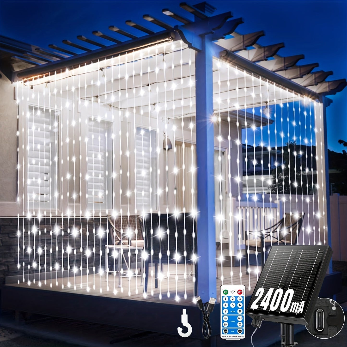 Solar Curtain String Lights, 3 x 3 Meters with 300 LEDs, Remote Control and One- or Two-Pack Options