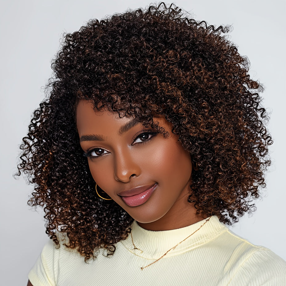 Jerry Curl Human Hair Wig with Bangs, 12-Inch Length and P4/30/27 or P1B/30 Highlight Options