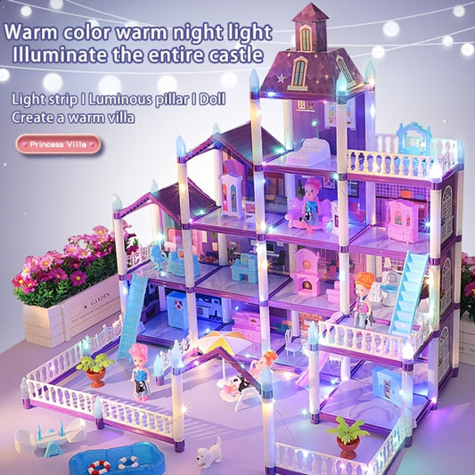 LED Dollhouse Playset for Girls – Purple Multi-Room Playhouse with Doll Figures, Puppies, Furniture & LED Lighting, 6 to 16 Room Options, Creative Imaginative Gift for Girls Ages 3-10 Birthday Christmas