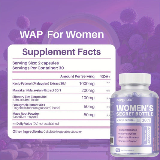 Kacip Fatimah Women's Herbal Capsules with Fenugreek, Maca Root, Manjakani & Slippery Elm Bark - Natural pH Balance, Moisture, Elasticity & Feminine Vitality Support - 60 Capsules 30-Day Supply