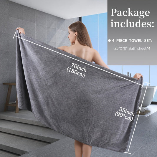 Bath Towels Set 4 Piece Diamond-Pattern Microfiber Towels in 10 Solid Color Options for Home and Guest Use