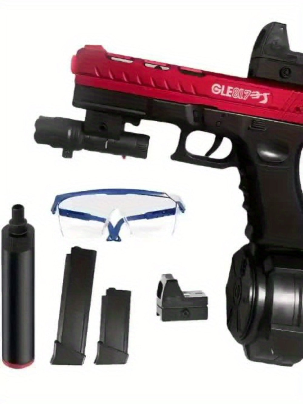 Compact Red-and-Black Electric Gel Blaster Set with Drum, Two Magazines, Sight, Goggles and USB Cable