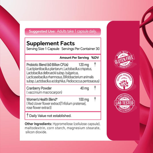 Probiotics for Women 60 Billion CFU 30 Capsules for pH Balance, Yeast Balance, Vaginal Flora & Feminine Health with Cranberry Extract, Vegan-Friendly Daily Supplement