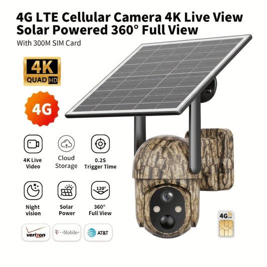 4G LTE Solar Trail Camera No WiFi Needed, Outdoor Security Camera 4K Night Vision, 360° Pan Tilt Live View, Two-Way Audio, Waterproof – Hunting Farm Ranch Wildlife Monitoring