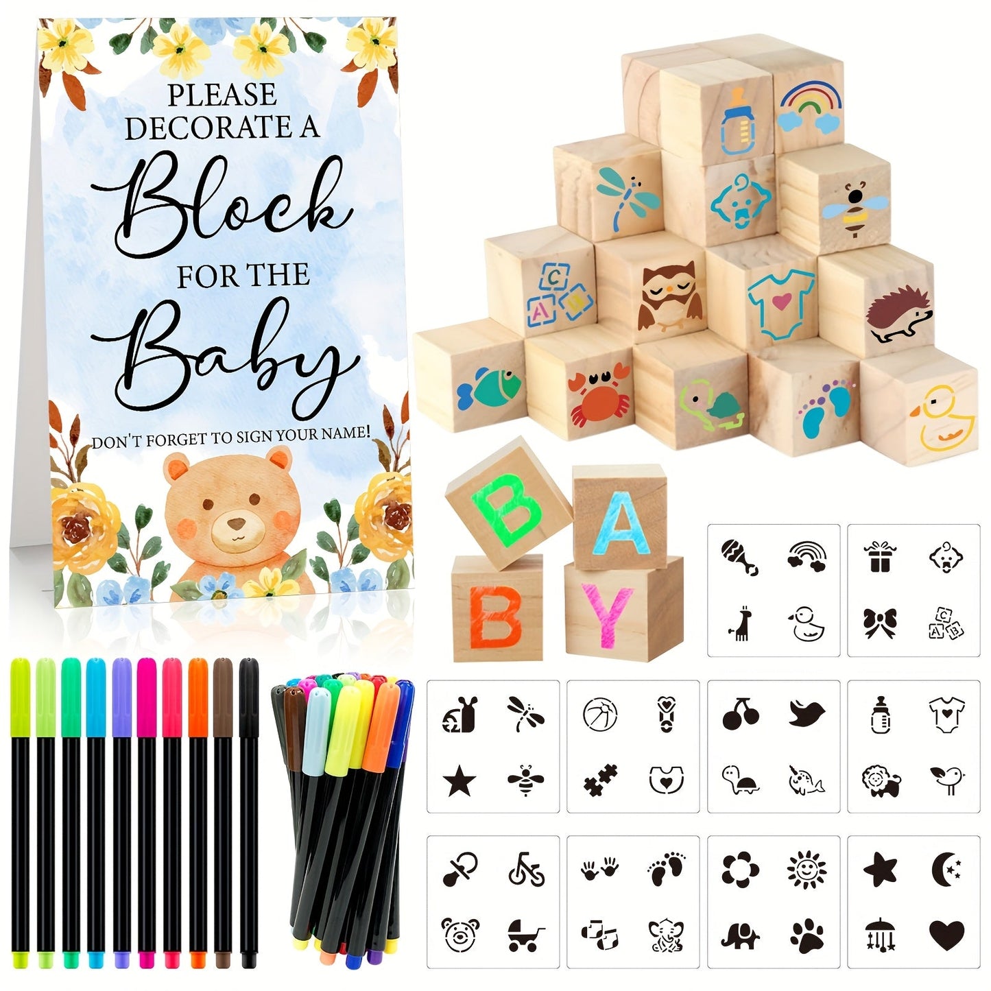 Wooden Block Stacking Party Game in Five Classic, Floral, Greenery, Fox or Bear Style Options