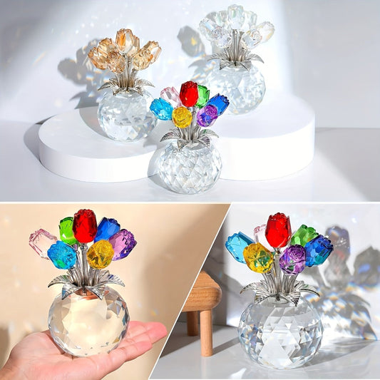 Artificial Flowers Crystal-Look Mini Rose Arrangement with Faceted Display Base in Four Color Options
