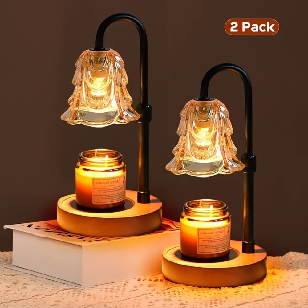 Two-Pack Gold Candle Warmer Lamps with Fluted Glass Shades, Wood-Look Bases and Adjustable 10.6–35 cm Posts