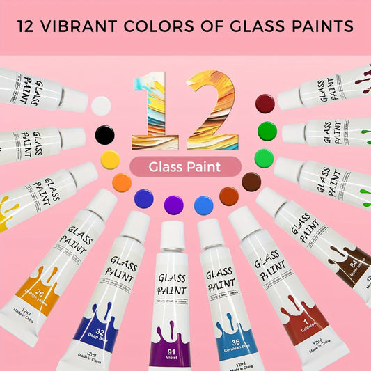 Stained Glass Painting Kit 12 Colors Acrylic Paint Set with 3 Brushes – Non-Toxic Window Glass Paint for Wine Glasses Ceramic Mugs, Professional Art Supplies for Adults Artists Painting Enthusiasts